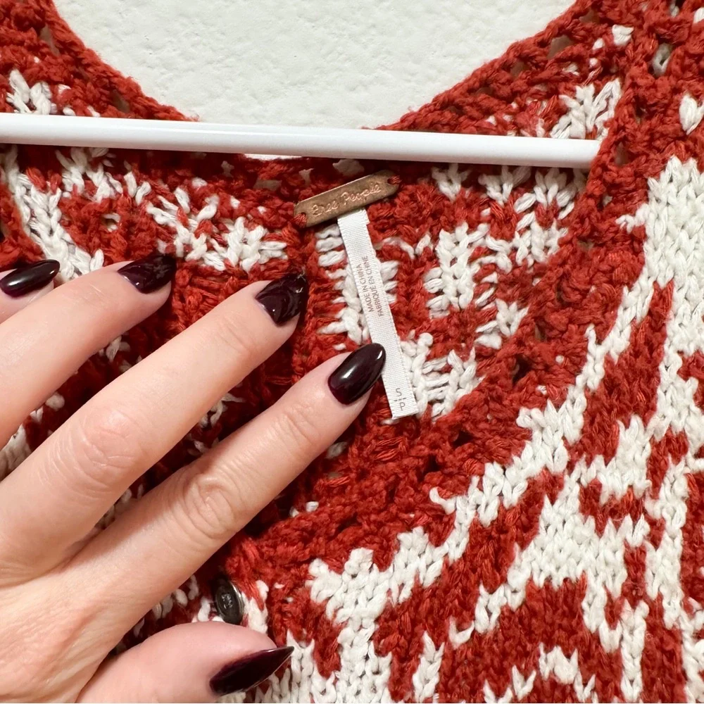 Free People Red and Cream Rose Knit Crop Tank